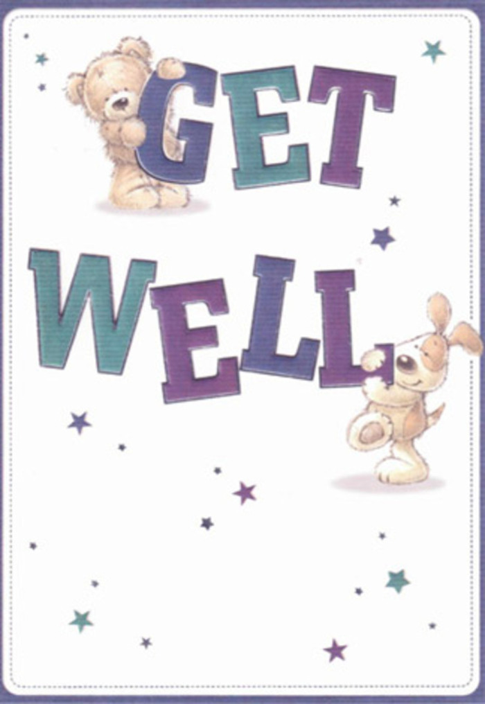 Radiating gentle encouragement and a spirit of heartfelt connection found across Ickenham, this get well card sets a tone of pure, sincere optimism. At centre, a soft-furred bear clings to the sprawling 'GET,' its kind eyes and curved paw offering comfort from above, while a sweet, floppy-eared puppy, shaded in light golds and caramel, rests affectionately beside the robust 'WELL.' The scene bursts with vibrancy-thick, confident letters painted in hues of purple, teal, and aqua anchor the joyful composition, reminiscent of the wildflowers spotted along the paths near Ickenham Marsh. Sprinkled throughout the white expanse, stars in blues and lavenders glimmer, as if sending little parcels of well wishes through the village's fresh air. The subtle textures-the bear's plush fur, the velvety muzzle of the puppy-invite a sense of tactile comfort, just as a lovingly hand-tied bouquet might when delivered from a friendly local shop. This card's clean, buoyant design mirrors the resilience and mutual care that define Ickenham life: a physical token crafted with as much intention as an arrangement set out on a sunlit window near St Giles' Church. It is a thoughtful gesture-meant to lift someone's spirits and gently remind them of the community beside them.