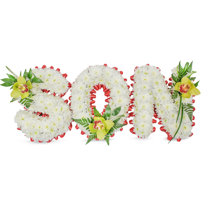 A carefully constructed sympathy piece spells the word SON in bold, three-dimensional letters made from hundreds of small white chrysanthemum heads, packed tightly so each letter reads like a soft, sculpted cloud. The arrangement is set on a stark white background that keeps attention on the precise construction and the contrast supplied by a scalloped border of vivid red ribbon, which traces every outer edge and curves gently into the interior of the 'O'. Floral accents are placed with considered balance: a lime-green Cymbidium orchid with a subtle reddish-brown throat sits at the upper left curve of the 'S', a matching orchid is cradled at the base of the 'O' amid ferns and glossy greens, and the final orchid punctuates the upper right of the 'N', its waxy petals reflecting the light. The foliage-slender elongated leaves and fine fern fronds-adds layered texture and lifts the composition vertically, while the chrysanthemums' uniform white faces provide a serene backdrop. The visual effect is both crisp and comforting: cool whites, assertive red edging, and the warm green of the orchids work together to suggest purity, remembrance and heartfelt affection. Lit softly to preserve the chrysanthemum detail and the orchids' sheen, the display reads as a dignified funeral tribute, suitable for church services or graveside remembrances around Ickenham Village, Swakeleys Park and nearby residential roads. This is the sort of bespoke memorial we craft for families who want a clear, personal statement of love for a son.