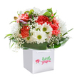 A lighthearted, springlike bouquet sits upright in a crisp, square white gift bag, its colours and textures arranged with evident care. At the heart are plush carnations in soft coral, warm peach and a deeper, vivid red - each bloom defined by ruffled, velvety petals that catch the light and suggest a gentle, spicy-sweet scent. Scattered among them are bright white daisy-like chrysanthemums with luminous yellow-green centres that add a cheerful contrast, while clouds of tiny white baby's breath (Gypsophila) float through the composition, lending an airy, weightless softness. On the left side a few purple-tinged unopened buds peek out, introducing a cool, intriguing note and visual depth. Deep green, glossy foliage wraps the base in a broad, natural collar, its elegant leaves fanning outward to cradle the flowers and give the arrangement a rounded, abundant silhouette. The bouquet is presented for carrying in a pristine white bag with sturdy white ribbon handles, photographed against a pure white background so every colour and texture reads clearly. Soft studio lighting highlights the coral petals and crisp whites, creating gentle shadows that emphasise the bouquet's fullness and freshness. This arrangement feels joyful and sincere - the sort of thoughtful gift to brighten a birthday, welcome a new home, or lift a friend's spirits - and it conveys the quiet craft of a neighbourhood florist who selects blooms for their colour harmony, fragrance and tactile charm in equal measure.