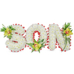 A tender, three-dimensional floral tribute spells the letters SON in full capitals, each letter built from densely packed, pristine white chrysanthemum blooms that give the surface a soft, cloud-like texture and a quiet, reverent presence. The letters sit against a plain white background and are crisply defined by a continuous, scalloped border of vivid red ribbon that loops around the outside edges and follows the hollow curve within the 'O', providing a bold visual frame and a symbolic hint of love and remembrance. At the upper left curve of the 'S' a lime-green Cymbidium orchid with a warm reddish-brown throat nestles into verdant foliage; a matching orchid rests at the base of the 'O', cradled by fern fronds and long, glossy leaves; a third orchid balances the upper right arm of the 'N', its waxy petals catching the light and adding sculptural height. The greenery-slender pointed leaves, delicate fern fronds and textured fillers-lends natural movement and depth against the pristine chrysanthemum face. The chrysanthemums' faint, comforting scent and the orchids' subtle, waxy freshness together suggest a calm, respectful mood suited to a funeral or graveside memorial. Soft studio lighting highlights the whites and greens while keeping shadows minimal so the craftsmanship of the floral construction is clearly visible. As a local florist would arrange for Ickenham families, this composition reads as a personalized expression of mourning and love-appropriate for a church service near Swakeleys Park or a graveside gathering close to Ickenham Village-offering a deliberate, beautifully executed tribute to a beloved son.