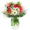 Brimming with cheer, this expertly arranged Ickenham bouquet instantly brightens its minimalist white setting. At its core, plump coral-pink carnations unfurl with ruffled extravagance, creating a lively centerpiece that references the blooms in Ickenham's beloved gardens. These are matched by fresh white chrysanthemums and familiar daisies, whose vivid yellow-green eyes sparkle with a sense of pureness and calm, much like a morning by the village duck pond. Wisps of delicate baby's breath thread their way between the bolder flowers, adding an airy texture that softens the entire composition. Peeking out on the left, unopened magenta alstroemeria buds lend depth and a hint of excitement, suggesting more color and beauty to come. Encasing the bouquet, an artful ring of rich green, glossy and slender leaves offers a feeling of abundance and balance. Every flower stem is anchored in clear water within a transparent vase, renewing the arrangement with a sense of vitality and openness. Bright, even lighting across every surface ensures that nothing is hidden-each hue and petal is celebrated, from soft coral to crisp white. Perfect for marking a birthday, expressing gratitude, or simply bringing a fresh burst of joy to an Ickenham home, this bouquet embodies the gentle elegance and skilled touch of the area's renowned local florists.